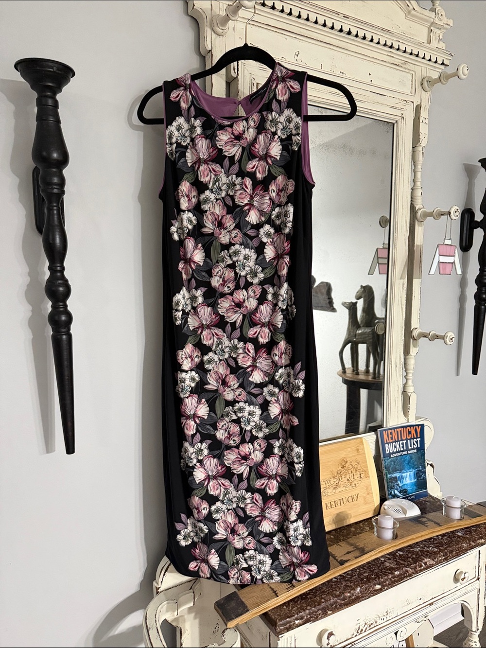White House Black Market Black Sleeveless Midi Dress with Pink Floral Panel